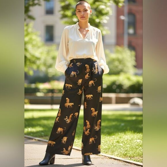 Stylish black wide-leg pants. Features a bold leopard print. - Picture 5 of 15